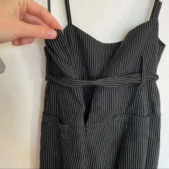 Pin Stripe Belted Cropped Overalls Black White Bow Spaghetti Strap Adjustable - Picture 9 of 11